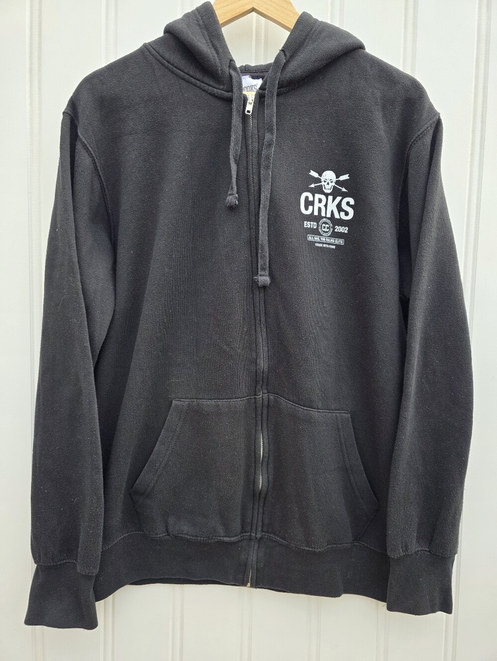Crooks & Castles Black Zip Up Hoodie White Chest Logo Mens Large